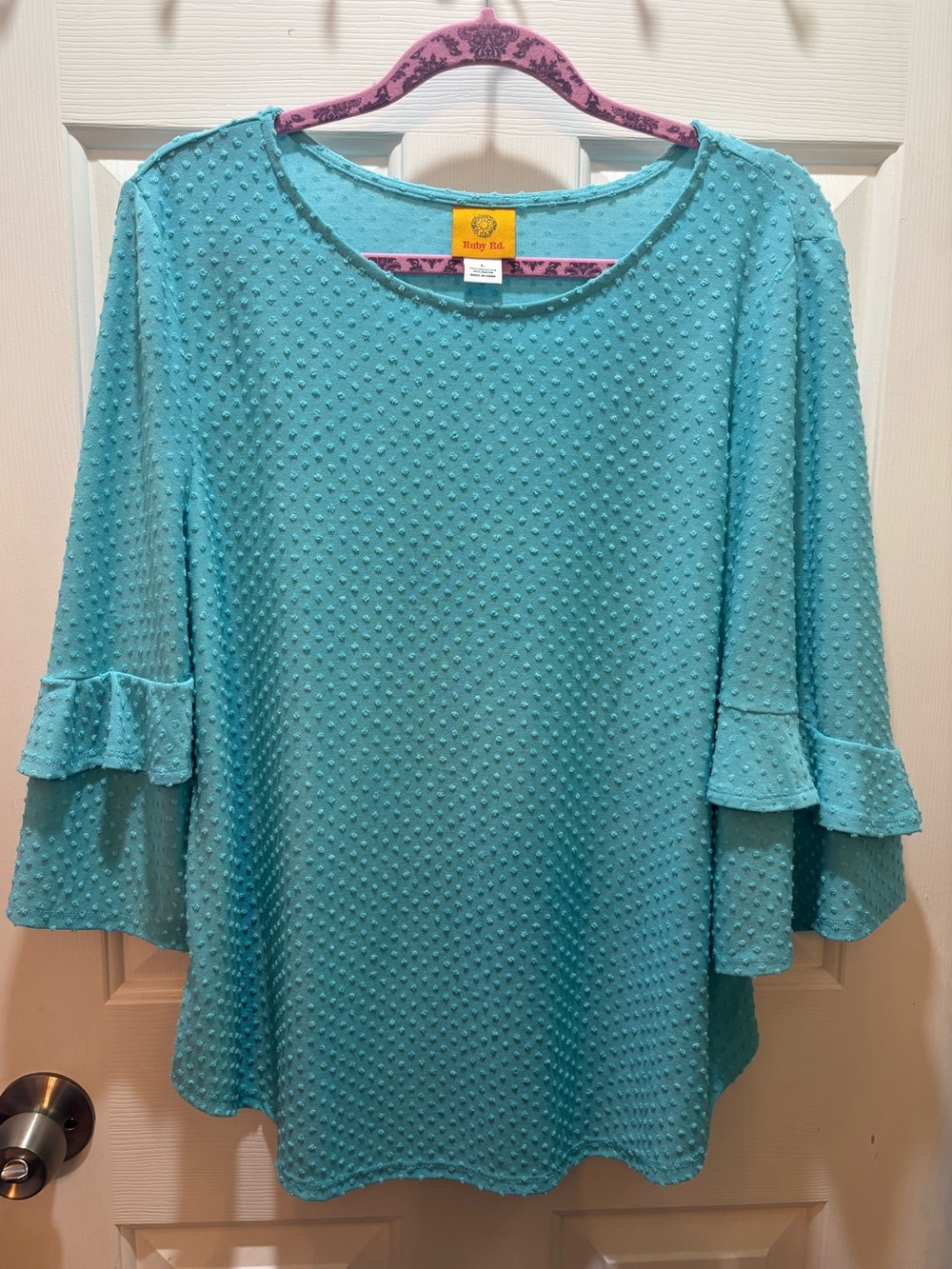Ruby Rd. Large Women's Teal Textured Ruffle Sleeve Top